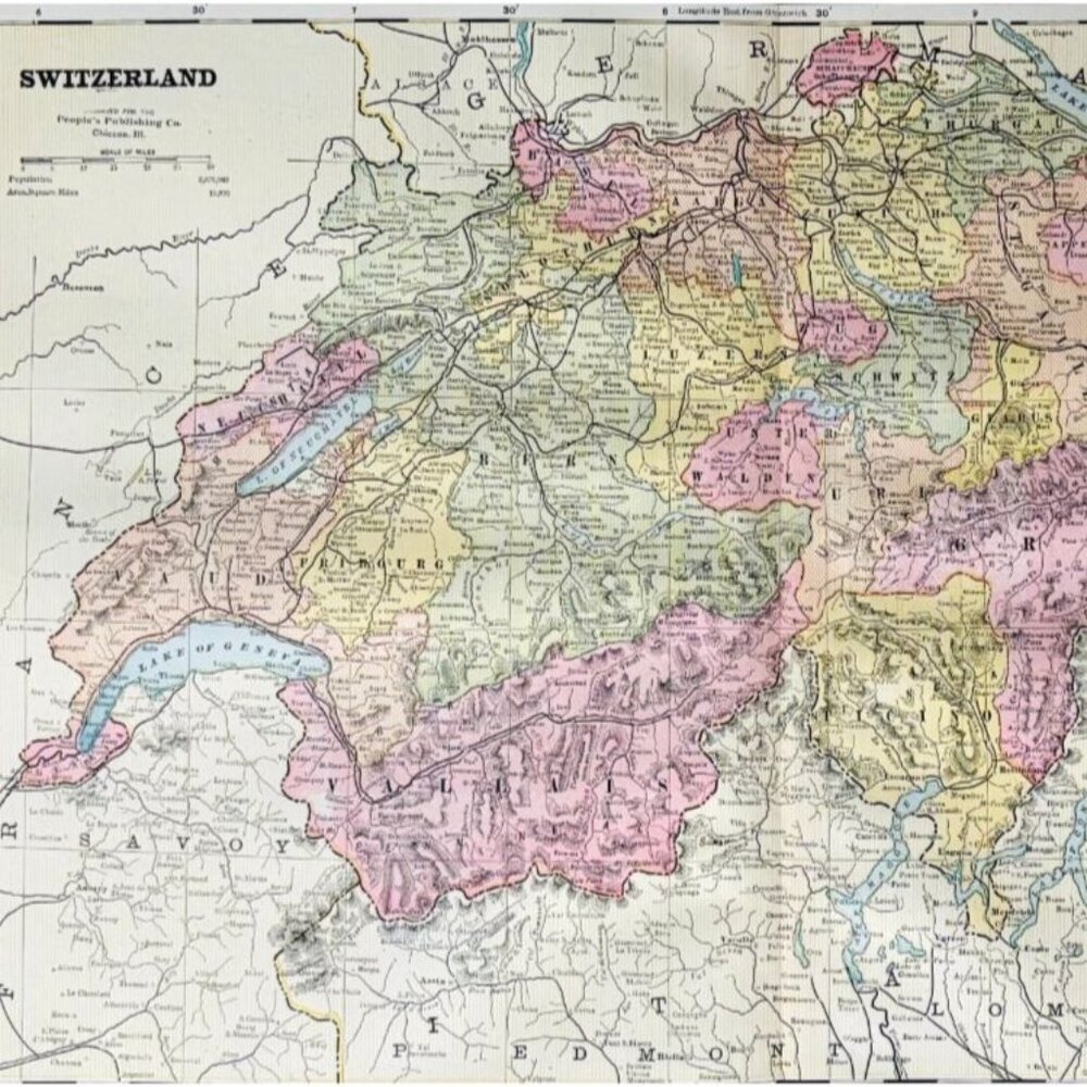 1895 Switzerland Map Victorian Europe Geography History Italy Germany DWYY10D